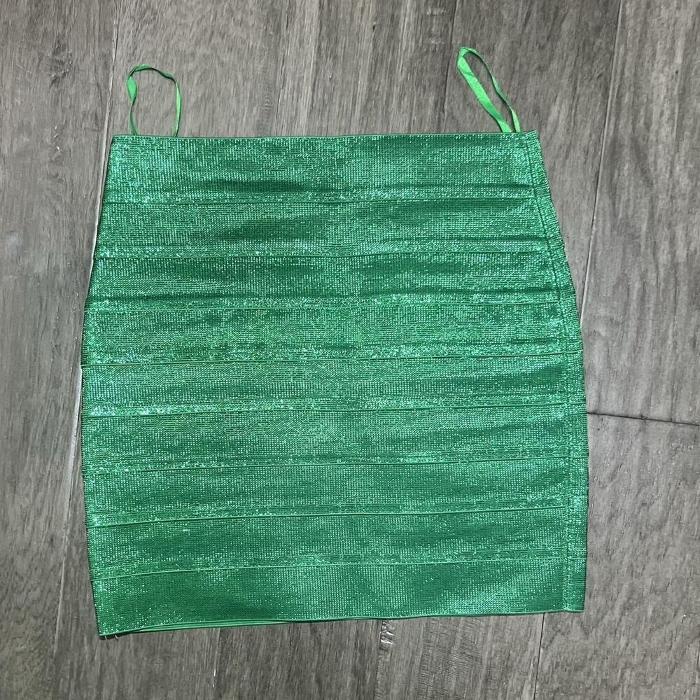 Green metallic mini skirt. Feel like spanx. Size Small #greenskirt#